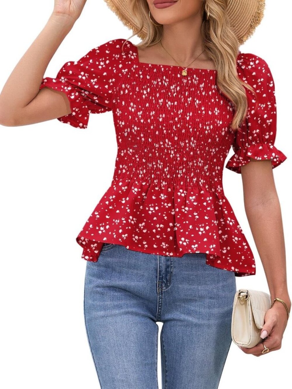 Floral Puff Sleeve Babydoll Top | Summer Peplum Blouse | Ruffle Dressy Tee